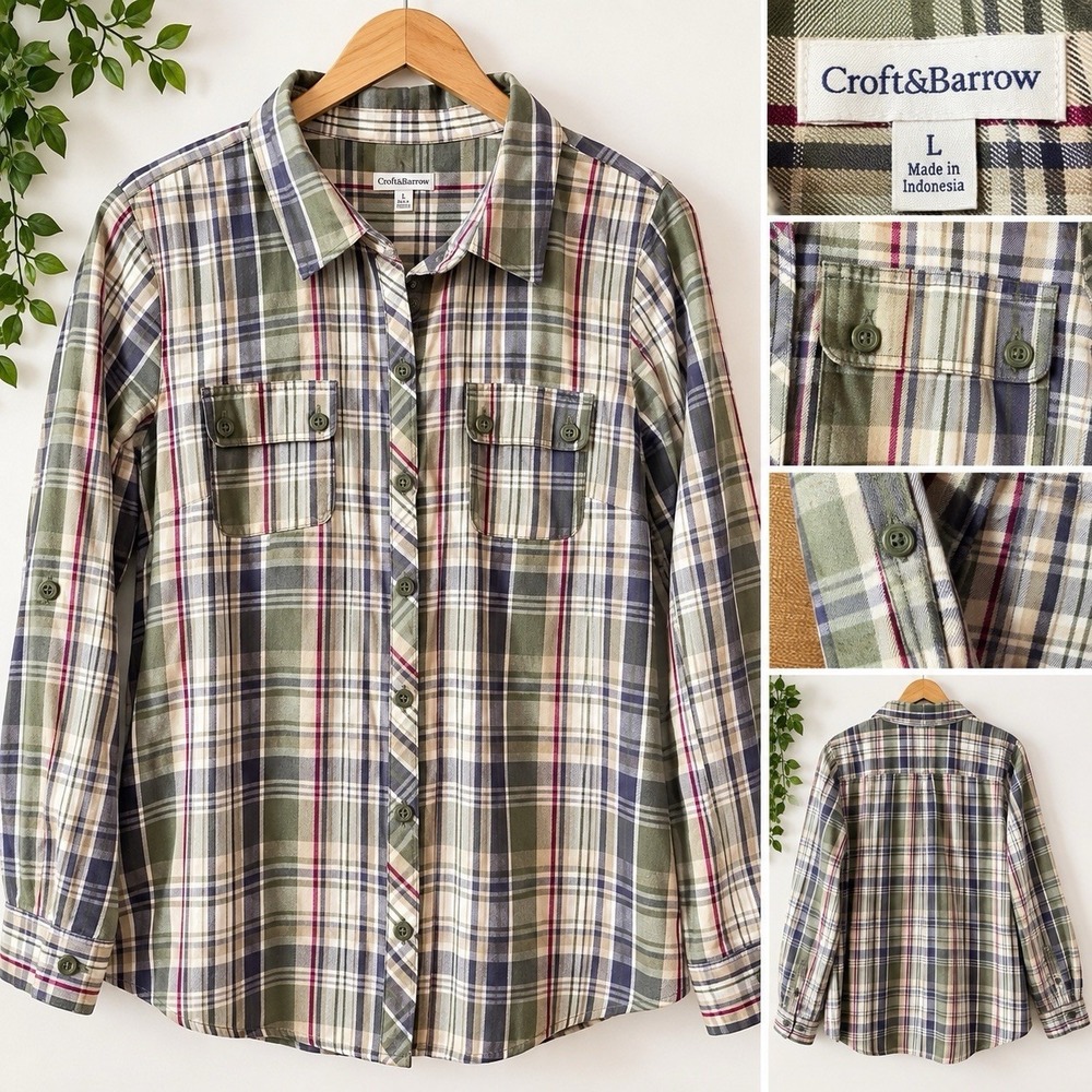 Croft & Barrow Womens Large Plaid Button Front Roll Tab Long Sleeve Shirt Pocket